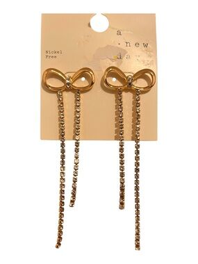 a new day Gold Bow Drop Earrings with Rhinestone Chains